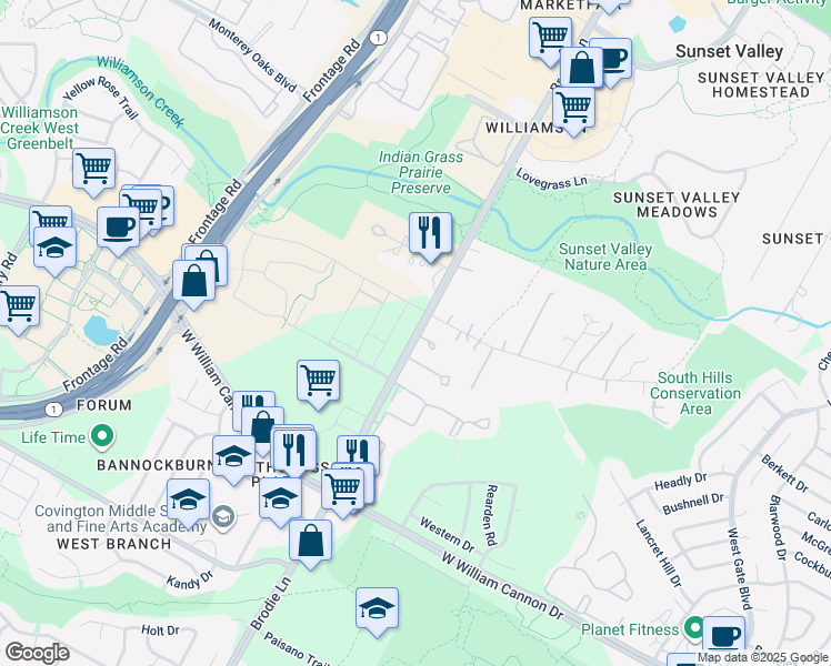 map of restaurants, bars, coffee shops, grocery stores, and more near 6400 Brodie Lane in Austin