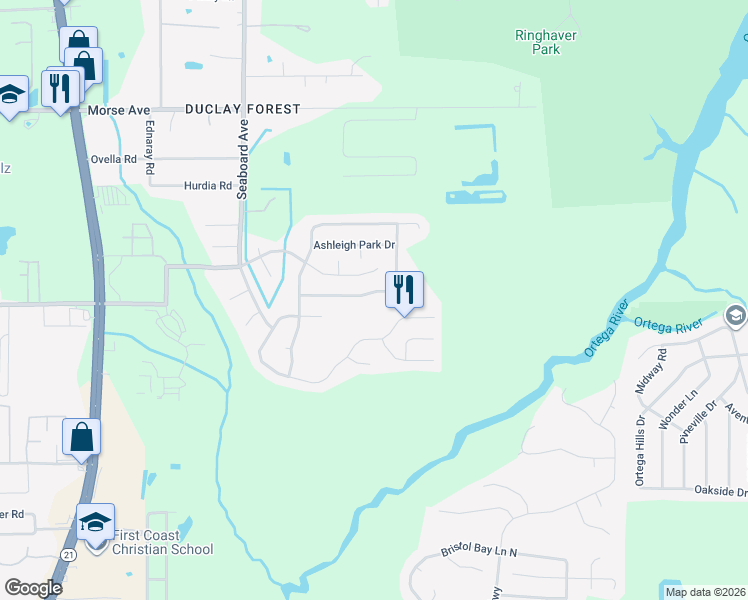 map of restaurants, bars, coffee shops, grocery stores, and more near 5476 Westland Station Road in Jacksonville