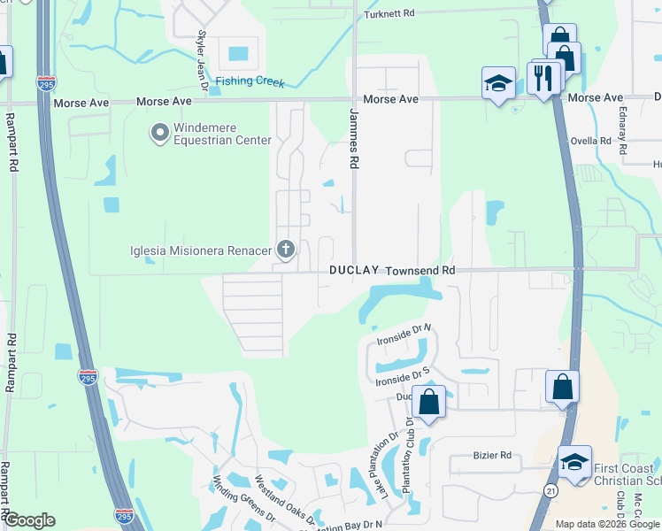 map of restaurants, bars, coffee shops, grocery stores, and more near 6421 Townsend Road in Jacksonville