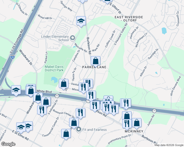 map of restaurants, bars, coffee shops, grocery stores, and more near 3300 Burleson Road in Austin