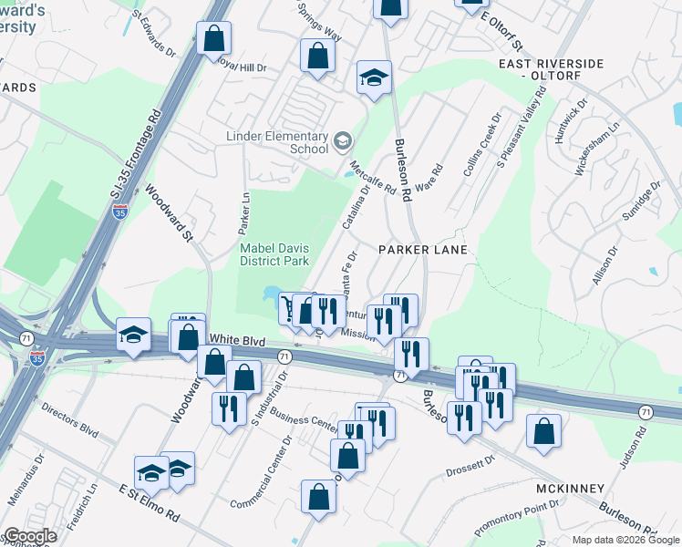 map of restaurants, bars, coffee shops, grocery stores, and more near 3401 Santa Fe Drive in Austin