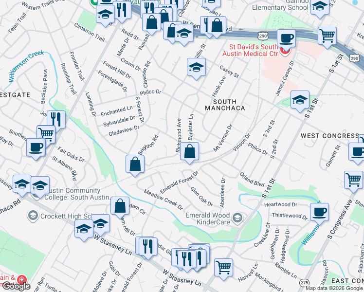 map of restaurants, bars, coffee shops, grocery stores, and more near in Austin