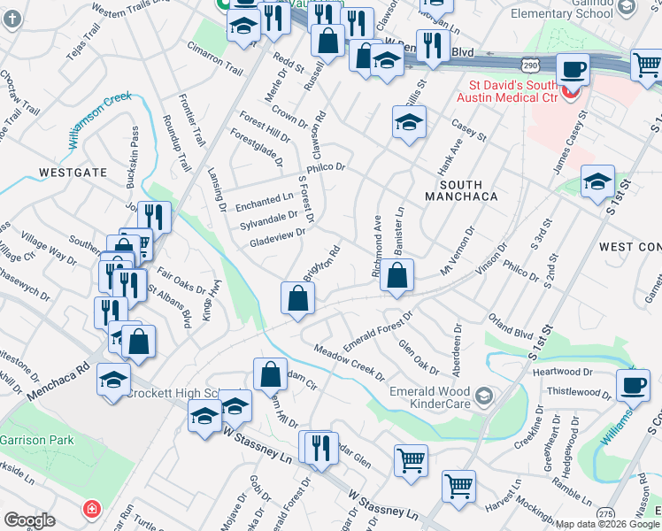 map of restaurants, bars, coffee shops, grocery stores, and more near 4909 Brighton Road in Austin