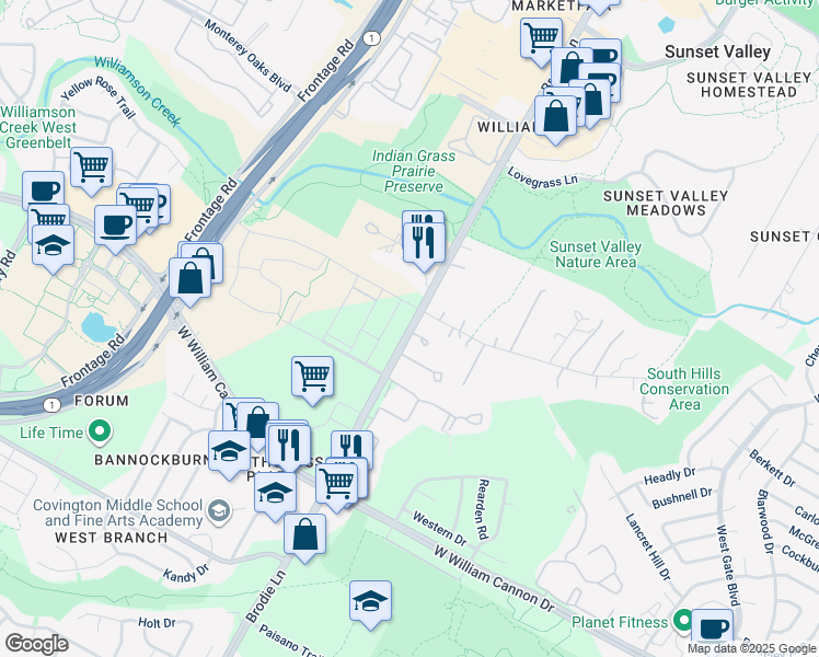 map of restaurants, bars, coffee shops, grocery stores, and more near 6401 Brodie Lane in Sunset Valley