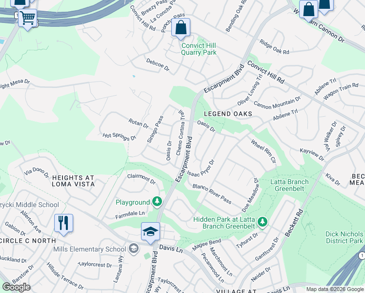 map of restaurants, bars, coffee shops, grocery stores, and more near 7901 Escarpment Boulevard in Austin