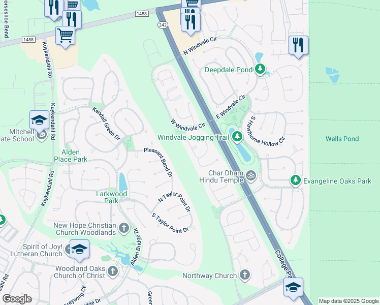 map of restaurants, bars, coffee shops, grocery stores, and more near 42 West Foxbriar Forest Circle in Spring