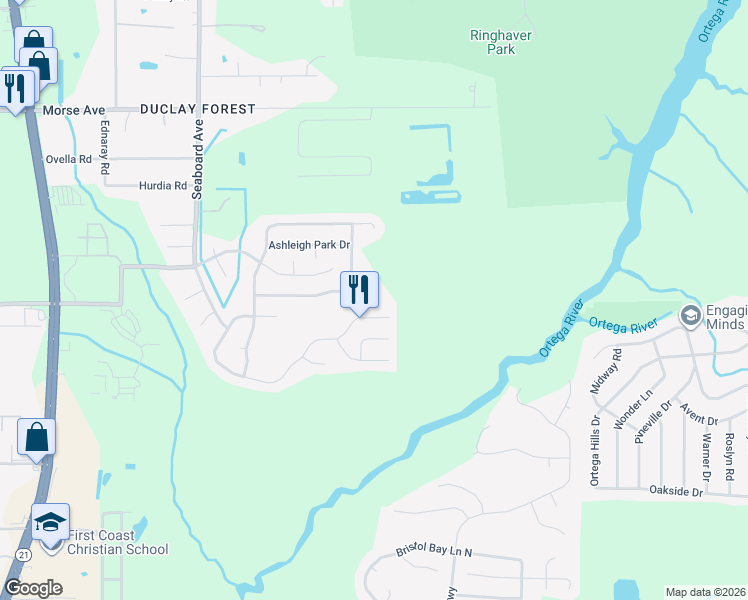 map of restaurants, bars, coffee shops, grocery stores, and more near 5423 Shady Pine Street South in Jacksonville