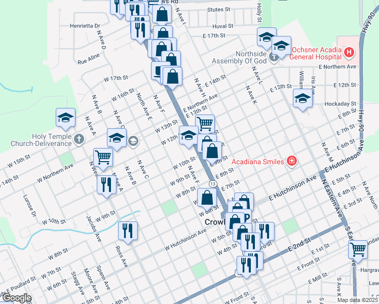 map of restaurants, bars, coffee shops, grocery stores, and more near 1119 North Parkerson Avenue in Crowley