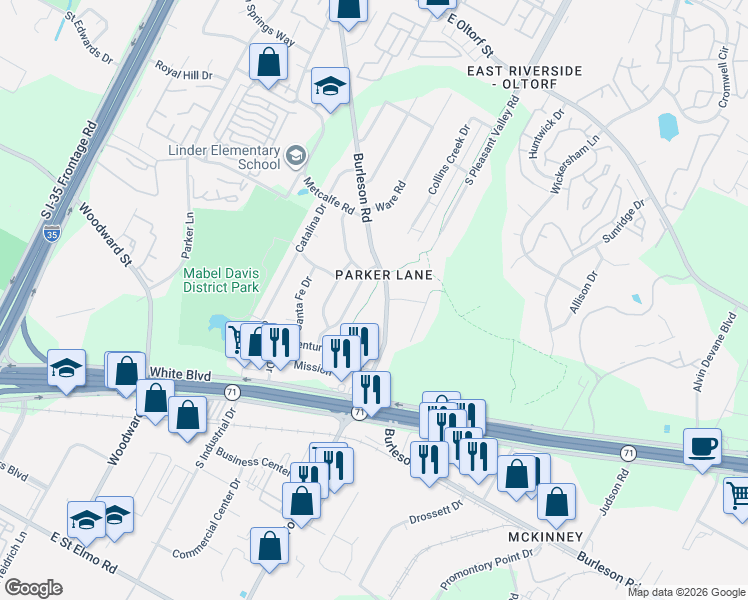 map of restaurants, bars, coffee shops, grocery stores, and more near 3300 Burleson Road in Austin