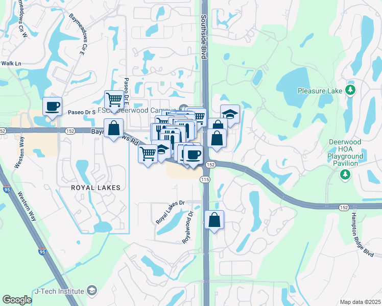 map of restaurants, bars, coffee shops, grocery stores, and more near 9962 Baymeadows Road in Jacksonville
