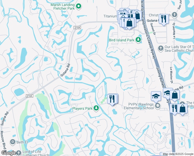 map of restaurants, bars, coffee shops, grocery stores, and more near 1173 Salt Marsh Circle in Ponte Vedra Beach