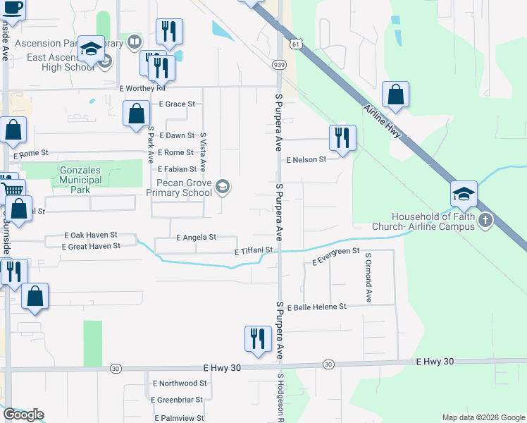 map of restaurants, bars, coffee shops, grocery stores, and more near 1712 Pecan Grove Avenue in Gonzales