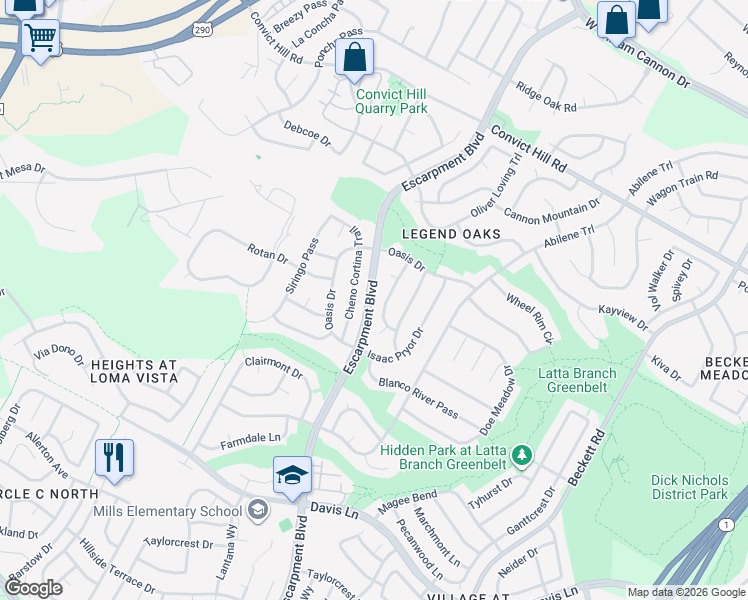 map of restaurants, bars, coffee shops, grocery stores, and more near 7901 Escarpment Boulevard in Austin