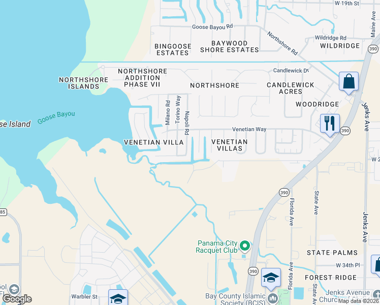 map of restaurants, bars, coffee shops, grocery stores, and more near 3900 Napoli Road in Panama City