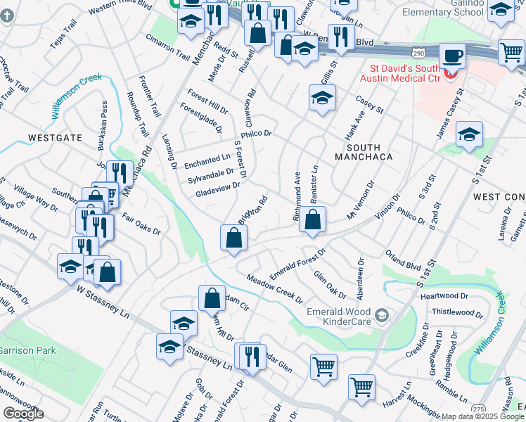 map of restaurants, bars, coffee shops, grocery stores, and more near 4909 Brighton Road in Austin