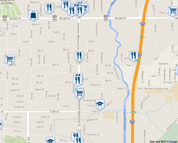 map of restaurants, bars, coffee shops, grocery stores, and more near 1514 Hunter Dr in Lake Charles