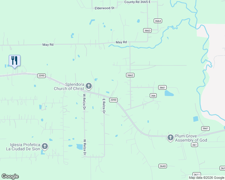 map of restaurants, bars, coffee shops, grocery stores, and more near 28585 Farm to Market Road 2090 in Splendora