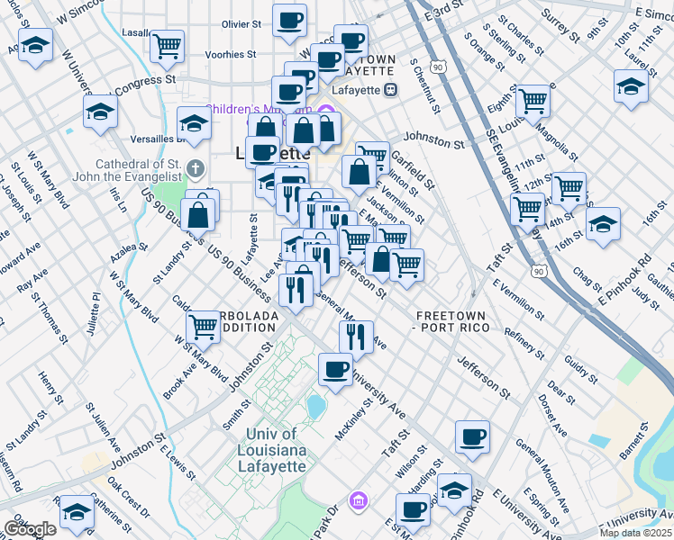 map of restaurants, bars, coffee shops, grocery stores, and more near 1027 Johnston Street in Lafayette