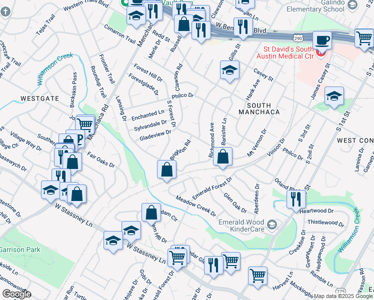 map of restaurants, bars, coffee shops, grocery stores, and more near 4909 Brighton Road in Austin