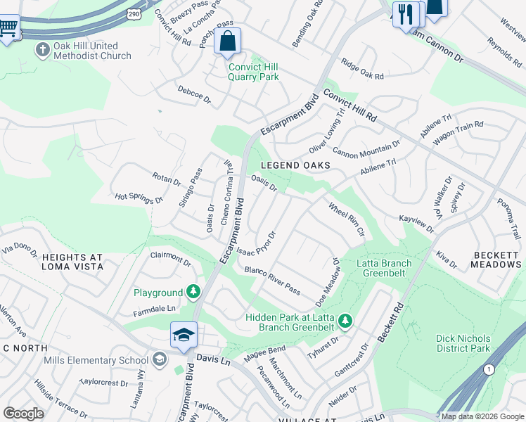 map of restaurants, bars, coffee shops, grocery stores, and more near 8004 Henry Kinney Row in Austin