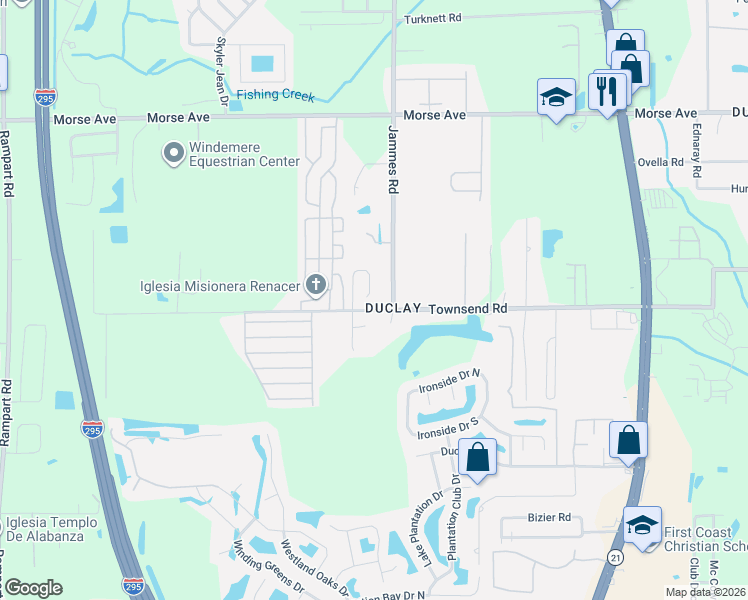 map of restaurants, bars, coffee shops, grocery stores, and more near 6421 Townsend Road in Jacksonville