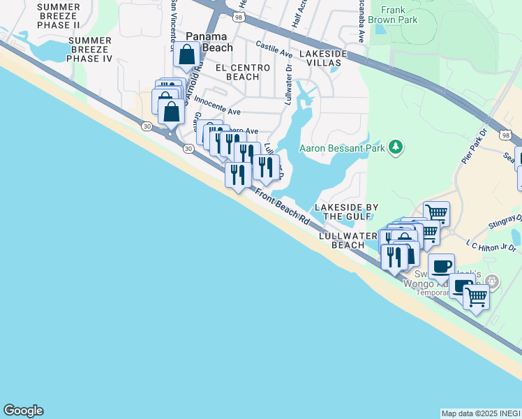 map of restaurants, bars, coffee shops, grocery stores, and more near 16709 Front Beach Road in Panama City Beach