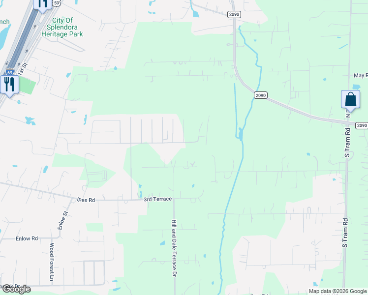 map of restaurants, bars, coffee shops, grocery stores, and more near 26914 Fm 2090 Road in Splendora
