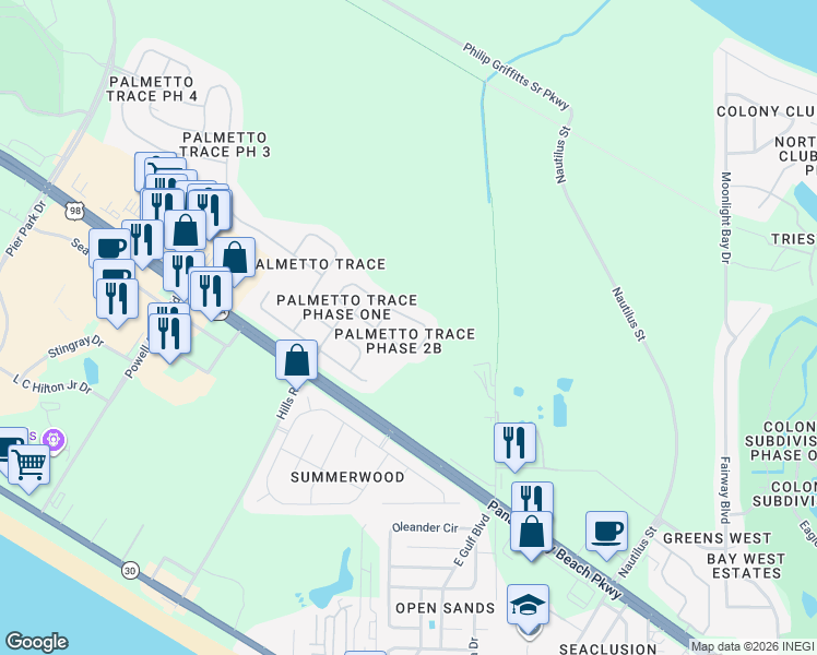 map of restaurants, bars, coffee shops, grocery stores, and more near 46 Park Place in Panama City Beach