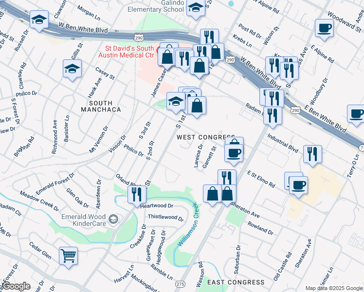 map of restaurants, bars, coffee shops, grocery stores, and more near 406 Clover Court in Austin