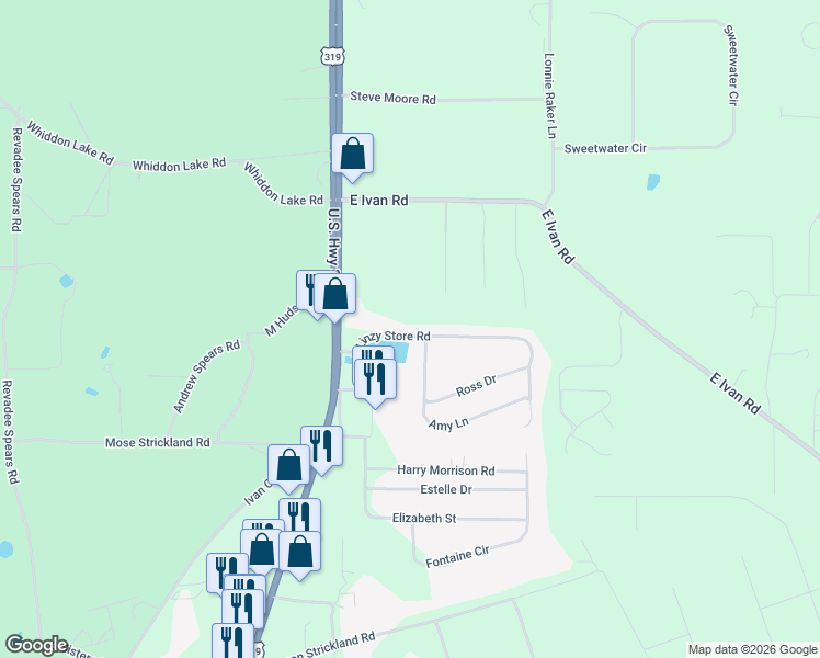 map of restaurants, bars, coffee shops, grocery stores, and more near 70 Linzy Store Road in Crawfordville