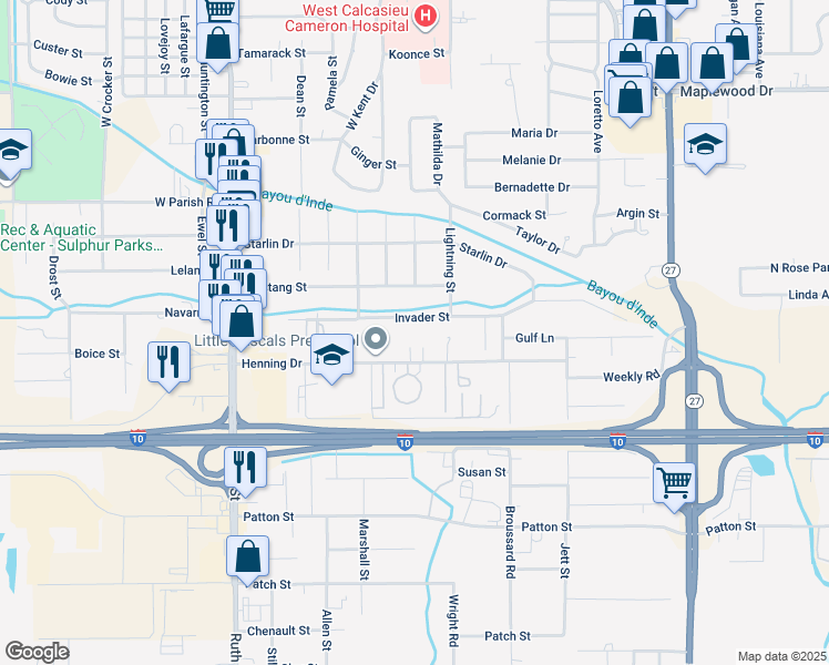 map of restaurants, bars, coffee shops, grocery stores, and more near 635 Invader Street in Sulphur