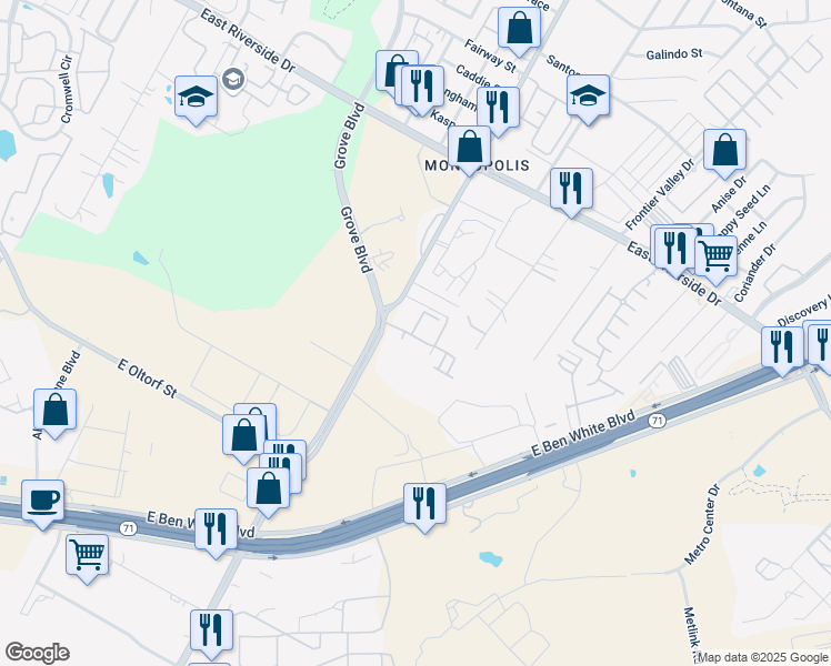 map of restaurants, bars, coffee shops, grocery stores, and more near 2407 Montopolis Drive in Austin