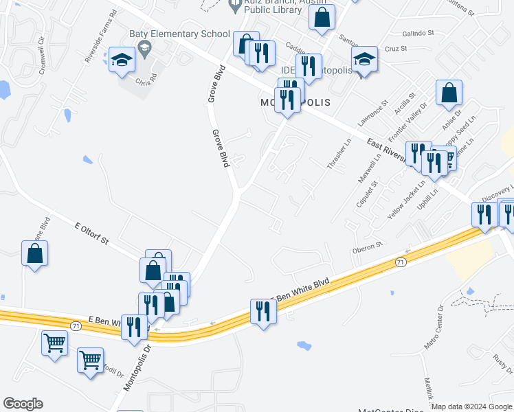 map of restaurants, bars, coffee shops, grocery stores, and more near 2407 Montopolis Drive in Austin
