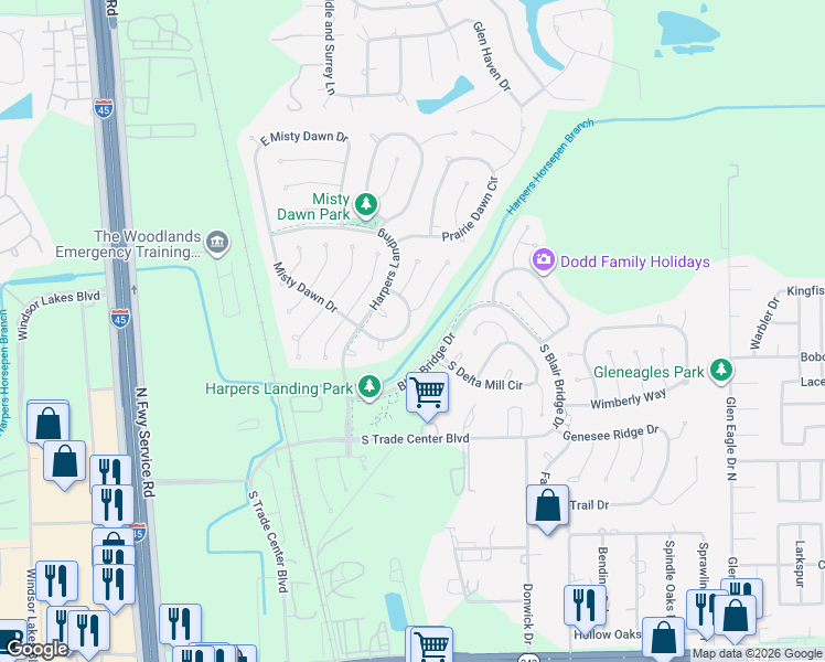 map of restaurants, bars, coffee shops, grocery stores, and more near 38 South April Mist Circle in Conroe