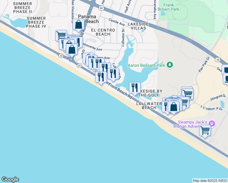 map of restaurants, bars, coffee shops, grocery stores, and more near 16701 Front Beach Road in Panama City Beach