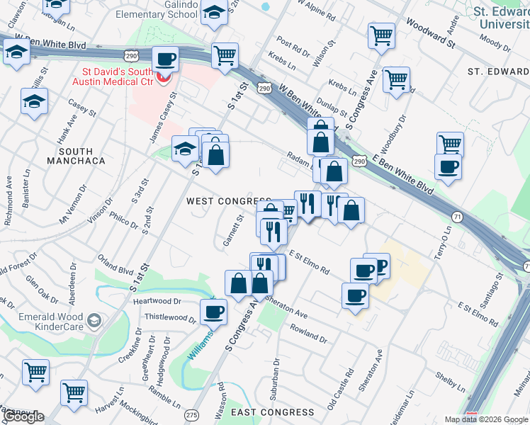 map of restaurants, bars, coffee shops, grocery stores, and more near 201 West Saint Elmo Road in Austin