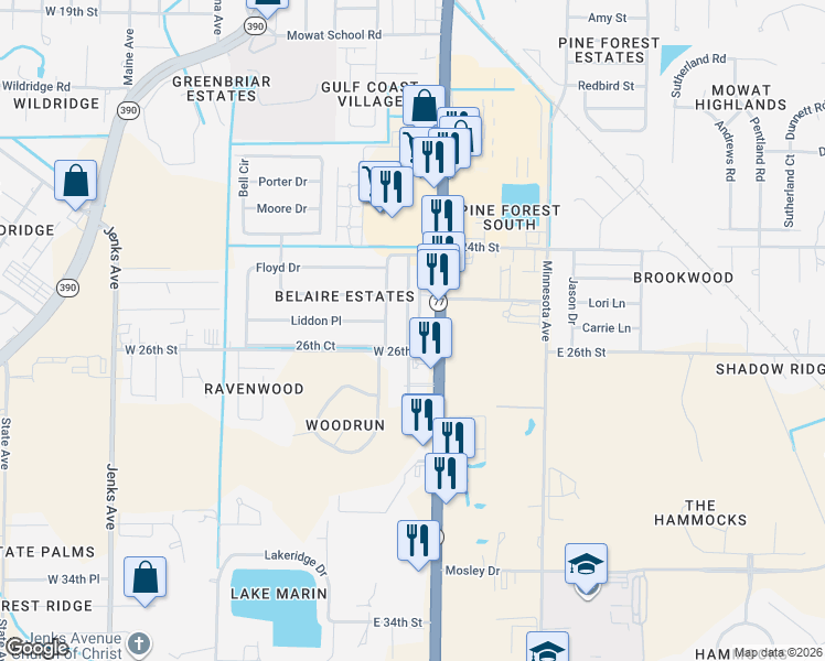 map of restaurants, bars, coffee shops, grocery stores, and more near 2520 Florida 77 in Lynn Haven
