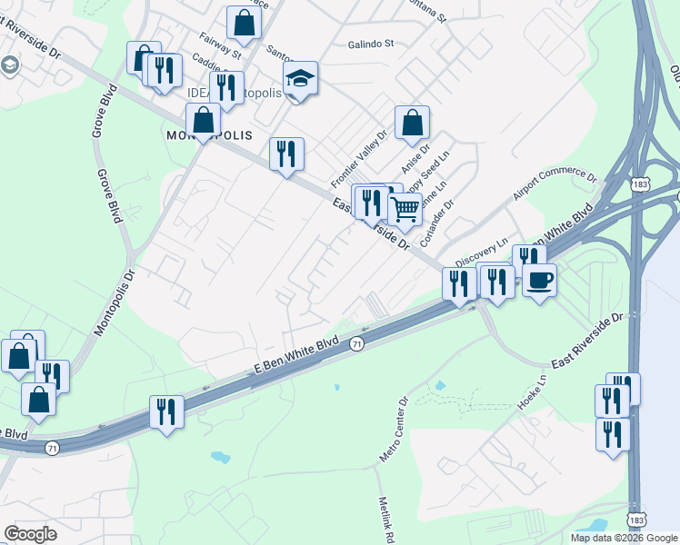 map of restaurants, bars, coffee shops, grocery stores, and more near 2114 Uphill Lane in Austin