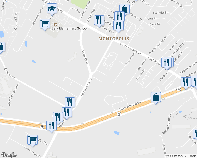 map of restaurants, bars, coffee shops, grocery stores, and more near 2407 Montopolis Drive in Austin