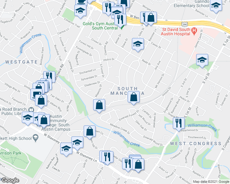 map of restaurants, bars, coffee shops, grocery stores, and more near 4907 Hawk Cove in Austin