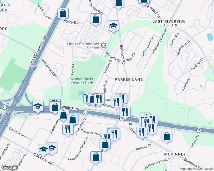 map of restaurants, bars, coffee shops, grocery stores, and more near 3401 Santa Fe Drive in Austin