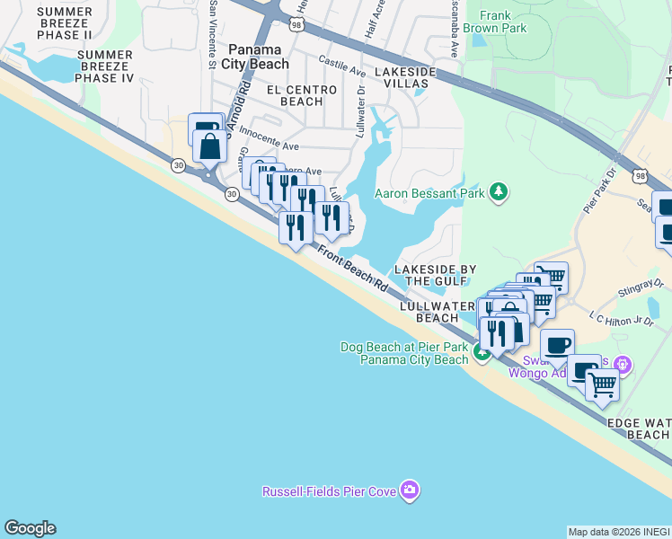 map of restaurants, bars, coffee shops, grocery stores, and more near 213 Front Beach Road in Panama City Beach