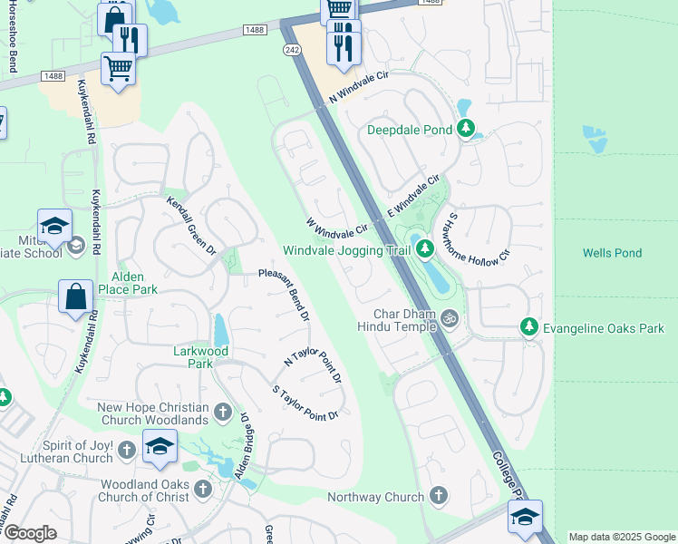 map of restaurants, bars, coffee shops, grocery stores, and more near 42 West Foxbriar Forest Circle in Spring