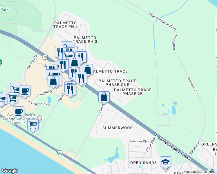 map of restaurants, bars, coffee shops, grocery stores, and more near 205 Biltmore Place in Panama City Beach