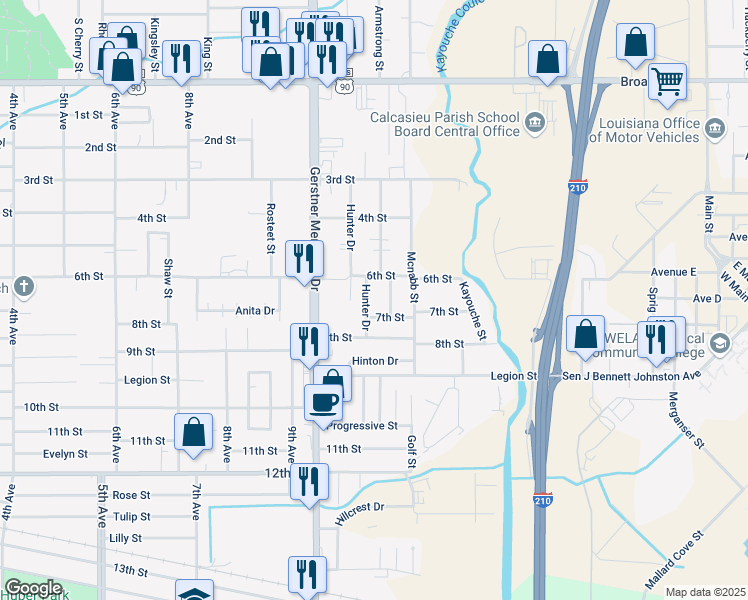 map of restaurants, bars, coffee shops, grocery stores, and more near 2707 7th St in Lake Charles