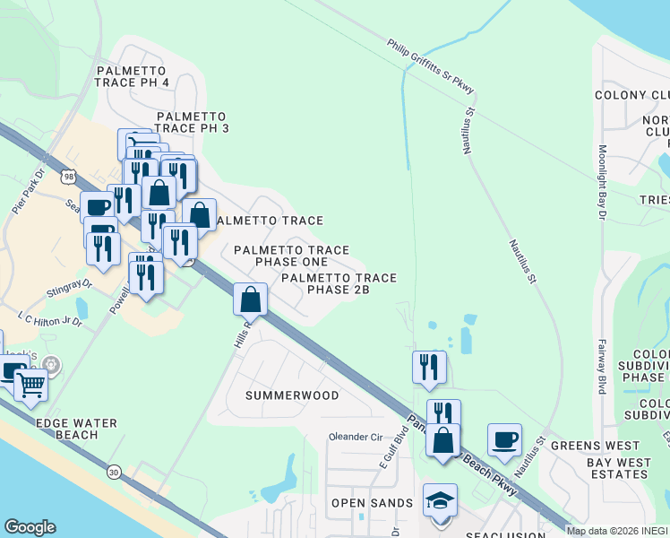 map of restaurants, bars, coffee shops, grocery stores, and more near 46 Park Place in Panama City Beach