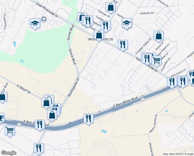 map of restaurants, bars, coffee shops, grocery stores, and more near 2404 Thrasher Lane in Austin