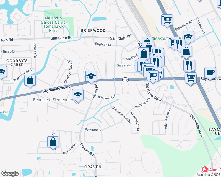 map of restaurants, bars, coffee shops, grocery stores, and more near 8853 Runnymeade Road in Jacksonville