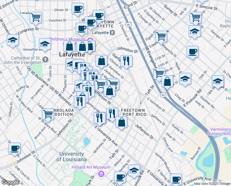 map of restaurants, bars, coffee shops, grocery stores, and more near 516 Lamar Street in Lafayette