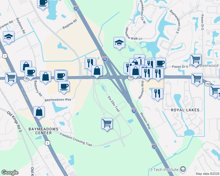 map of restaurants, bars, coffee shops, grocery stores, and more near 8285 Dix Ellis Trail in Jacksonville